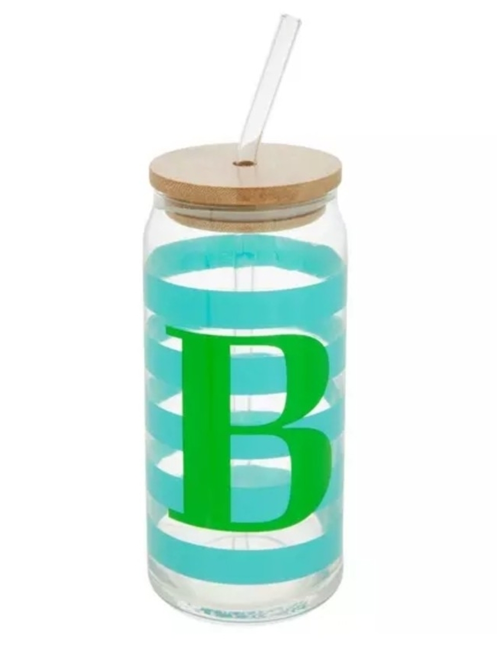 Personalized Turquoise Stripe Bamboo-Lid Tumbler with Green Monogram "B"